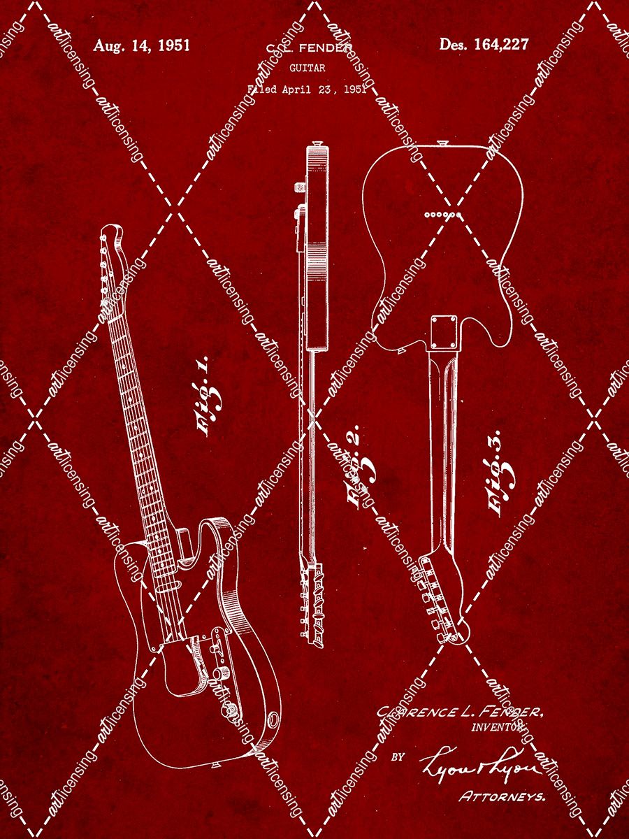 PP121- Burgundy Fender Broadcaster Electric Guitar Patent Poster
