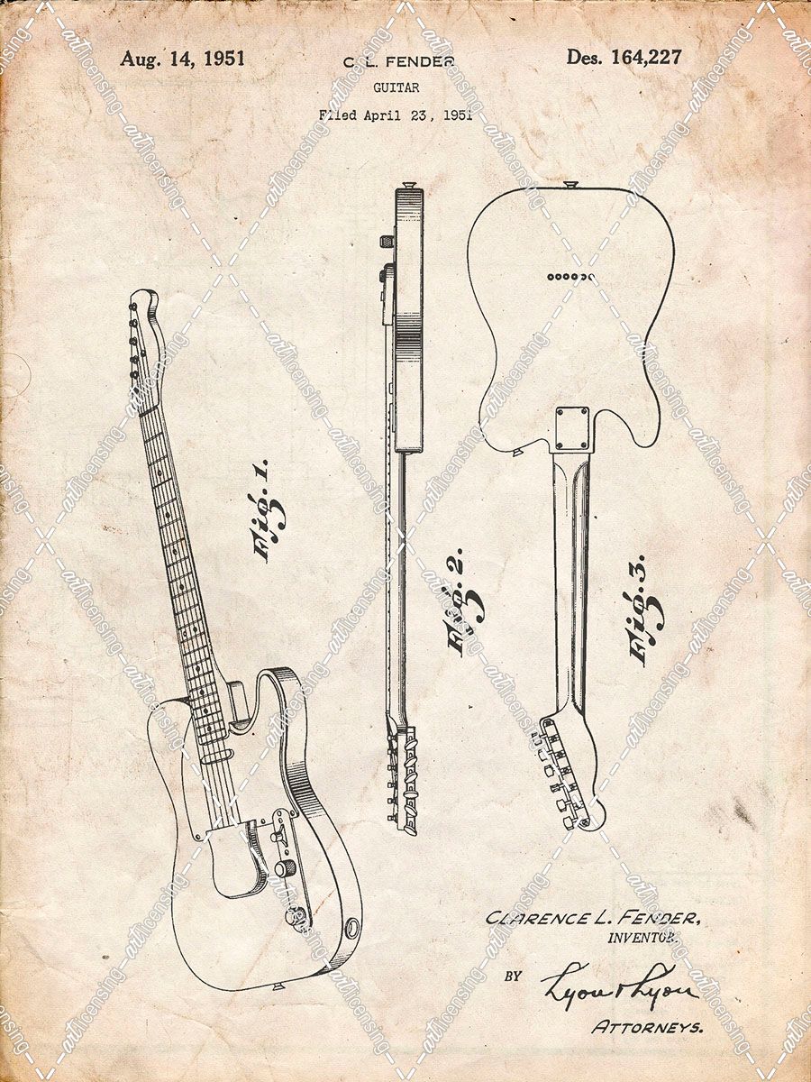 PP121- Vintage Parchment Fender Broadcaster Electric Guitar Patent Poster
