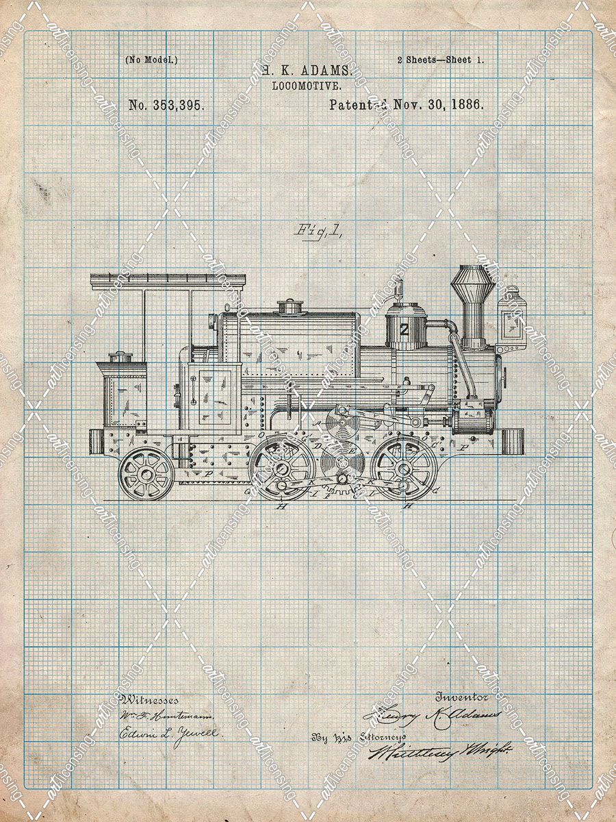 PP122- Antique Grid Parchment Steam Locomotive 1886 Patent Poster
