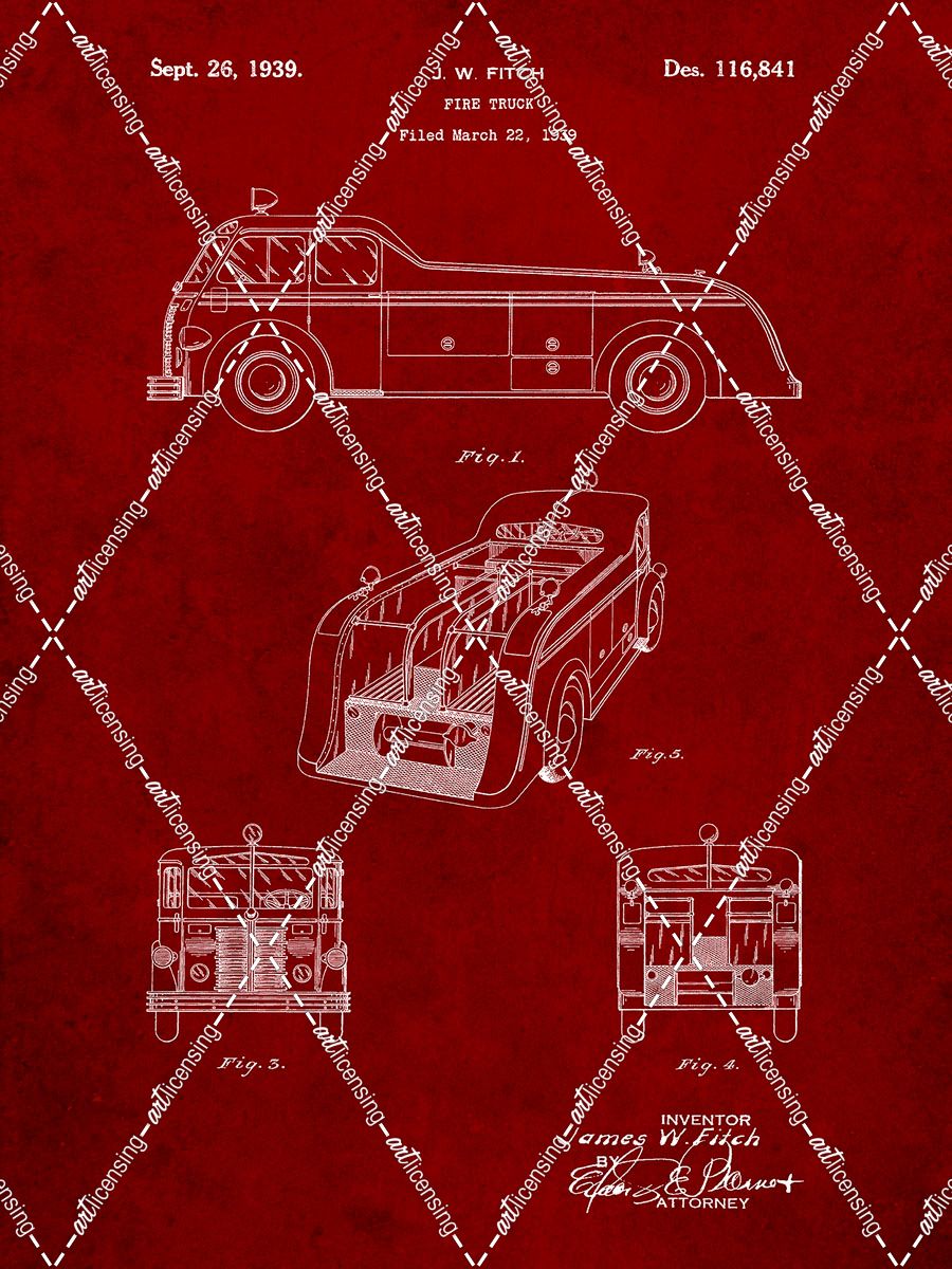 PP128- Burgundy Firetruck 1939 Patent Poster