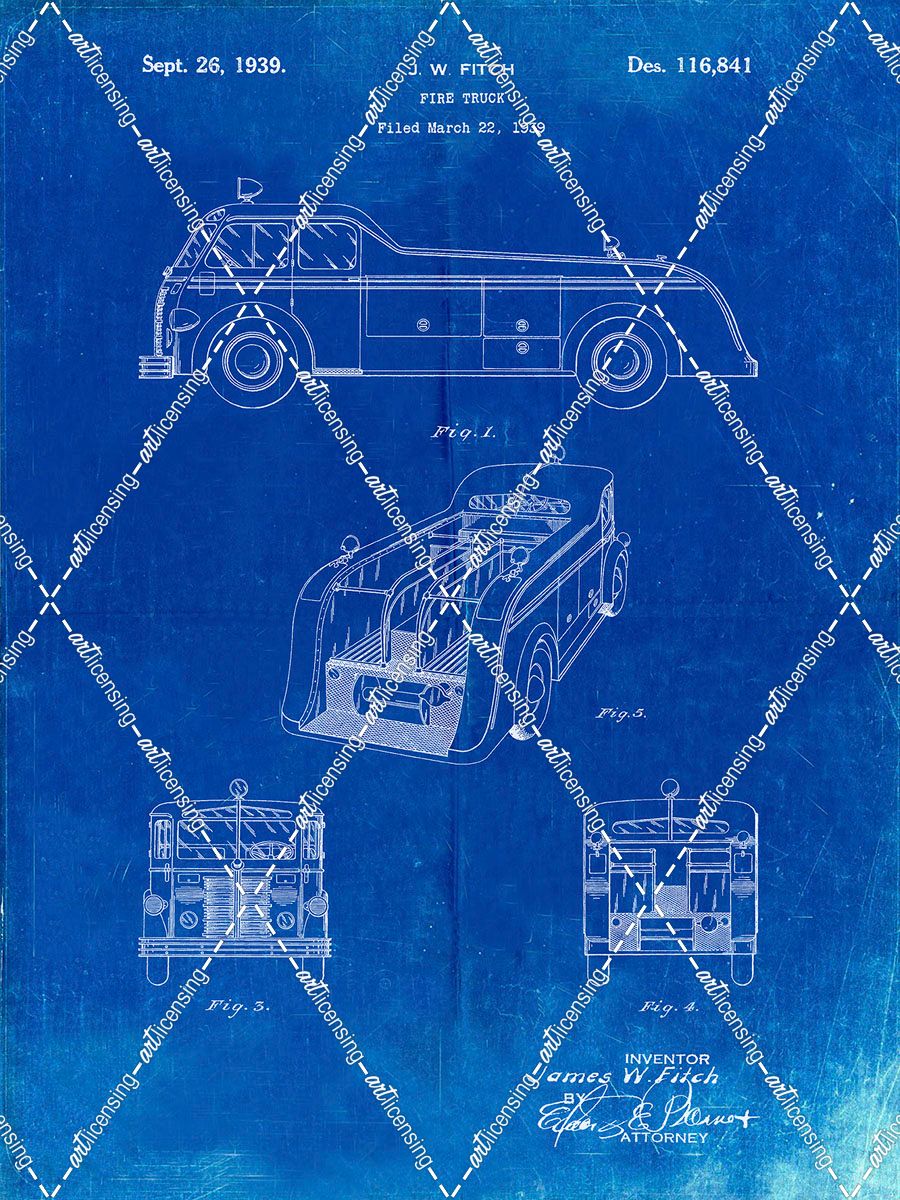 PP128- Faded Blueprint Firetruck 1939 Patent Poster