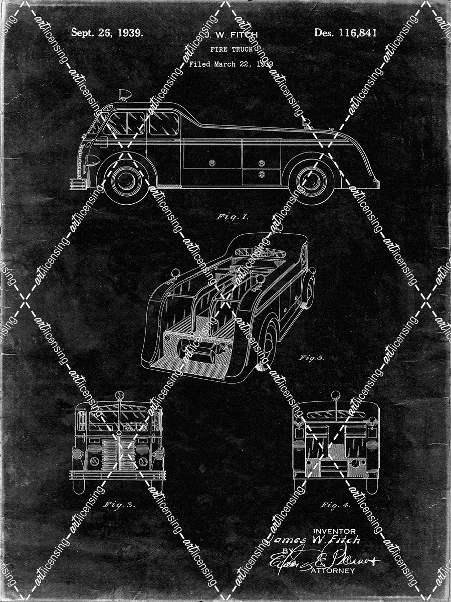 PP128- Black Grunge Firetruck 1939 Patent Poster