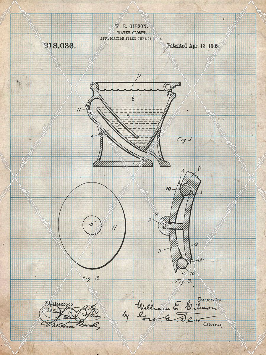 PP129- Antique Grid Parchment Siphoning Water Closet 1909 Patent Poster