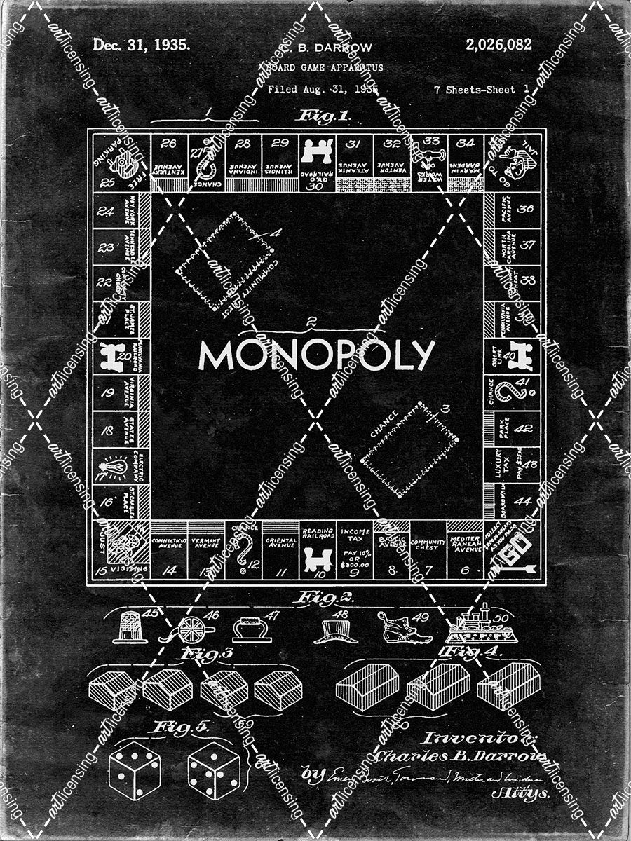PP131- Black Grunge Monopoly Patent Poster