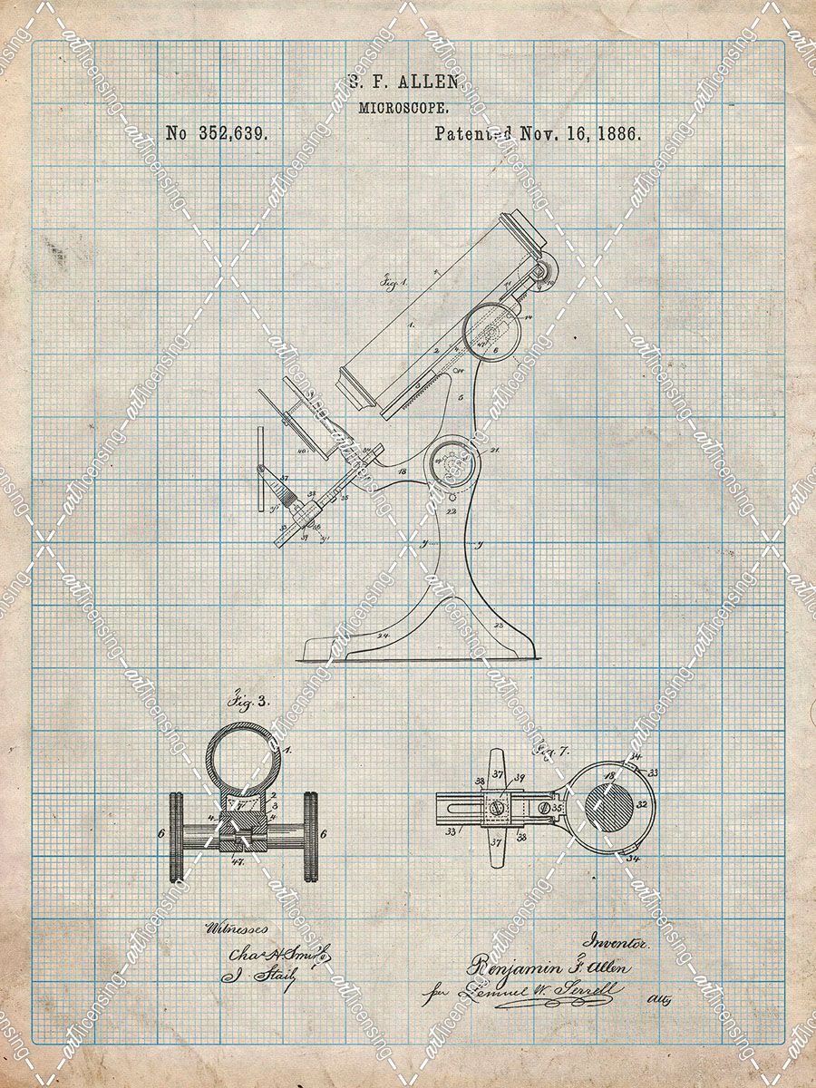 PP132- Antique Grid Parchment Antique Microscope Patent Poster