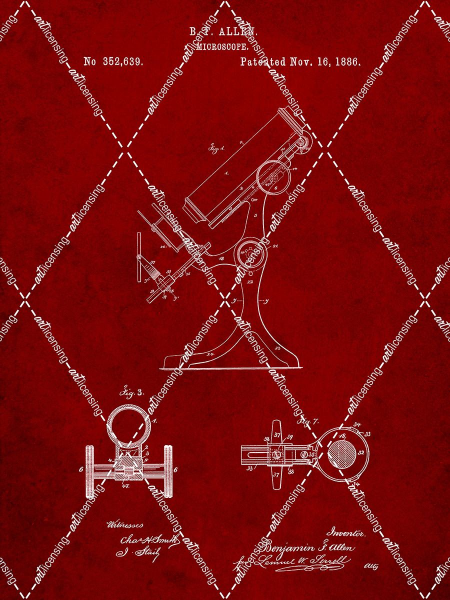 PP132- Burgundy Antique Microscope Patent Poster
