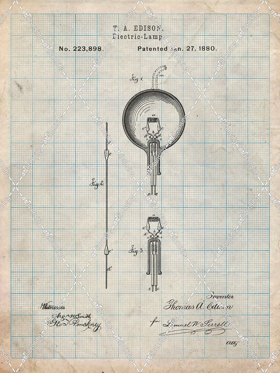 PP133- Antique Grid Parchment Thomas Edison Light Bulb Poster