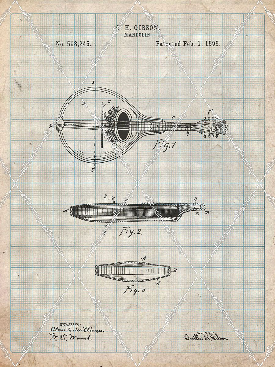 PP137- Antique Grid Parchment Gibson Mandolin A – Model Patent Poster