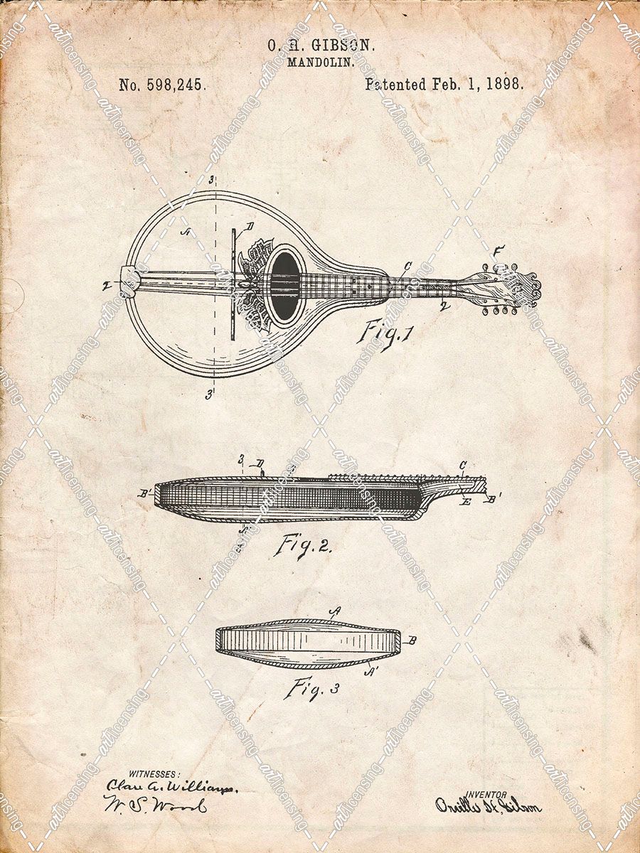 PP137- Vintage Parchment Gibson Mandolin A – Model Patent Poster