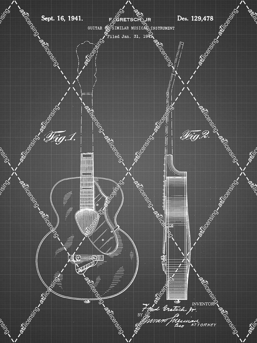 PP138- Black Grid Gretsch 6022 Rancher Guitar Patent Poster