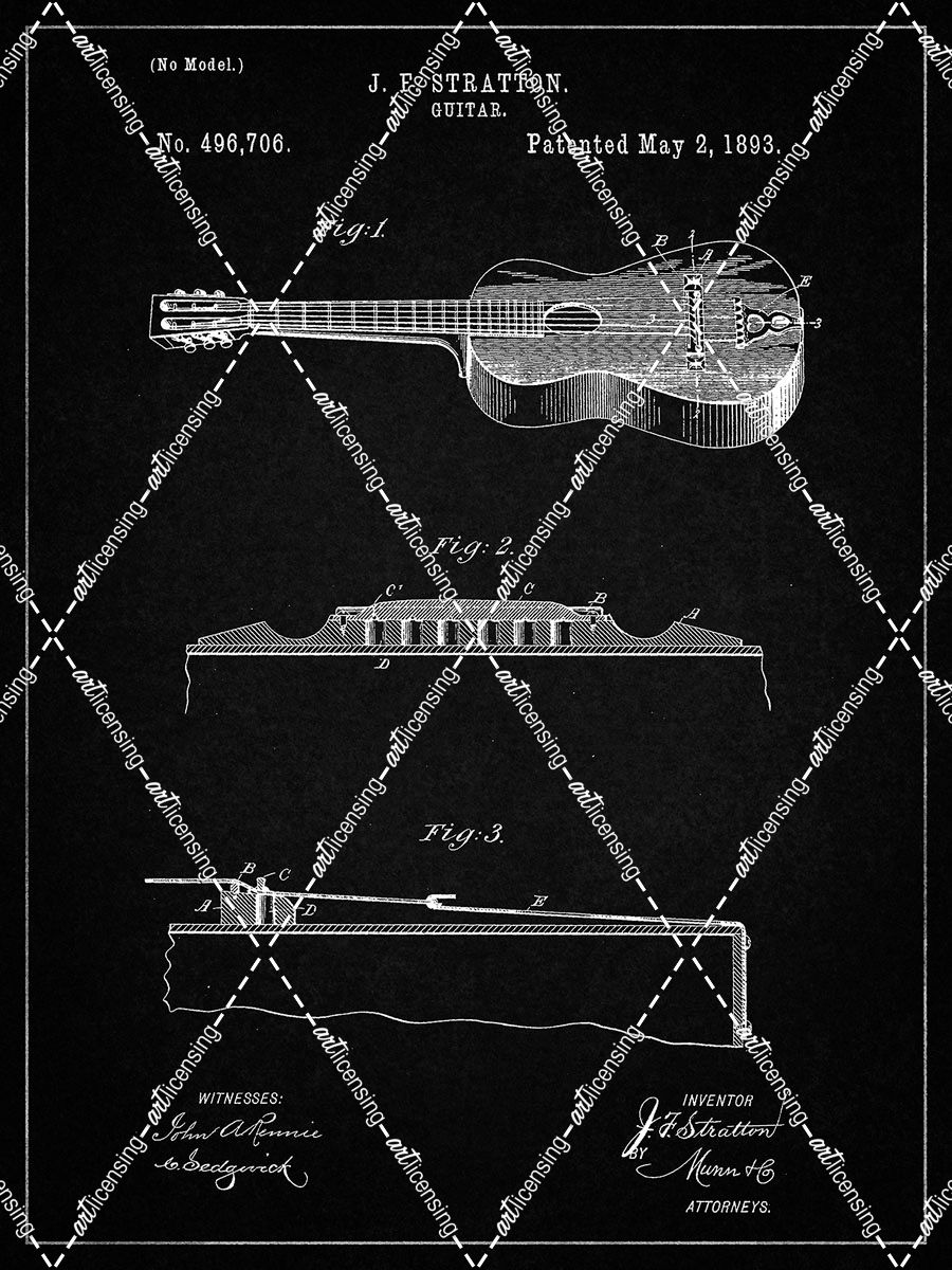 PP139- Vintage Black Stratton & Son Acoustic Guitar Patent Poster