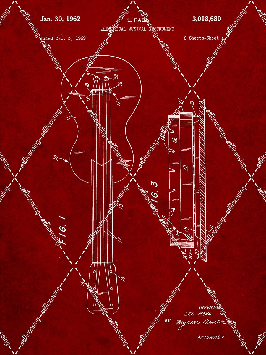 PP140- Burgundy Gibson Les Paul Guitar Patent Poster