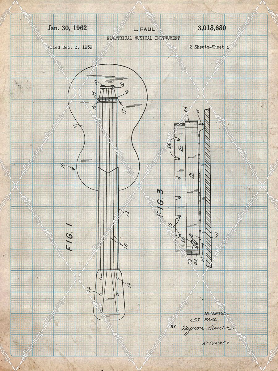 PP140- Antique Grid Parchment Gibson Les Paul Guitar Patent Poster