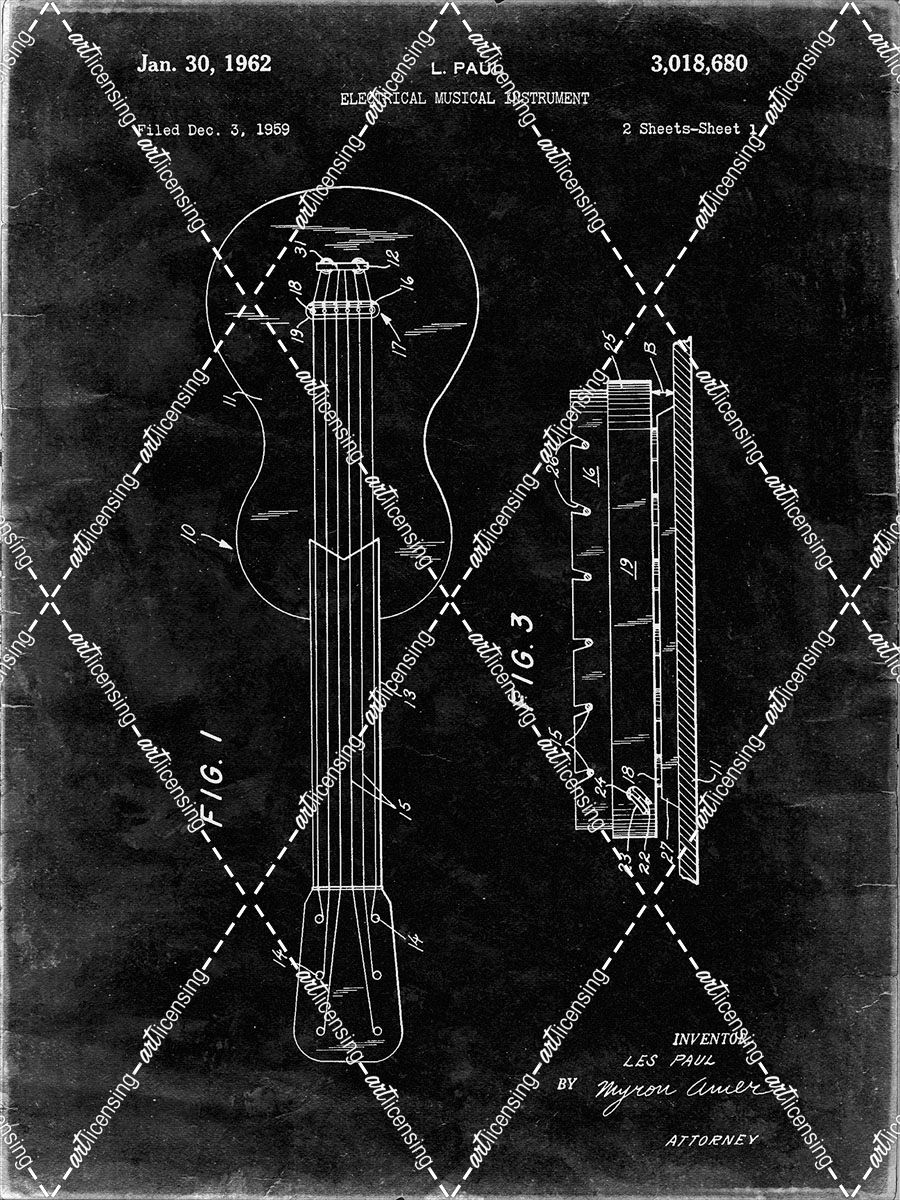 PP140- Black Grunge Gibson Les Paul Guitar Patent Poster