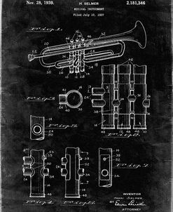 PP141- Black Grunge Selmer 1939 Trumpet Patent Poster