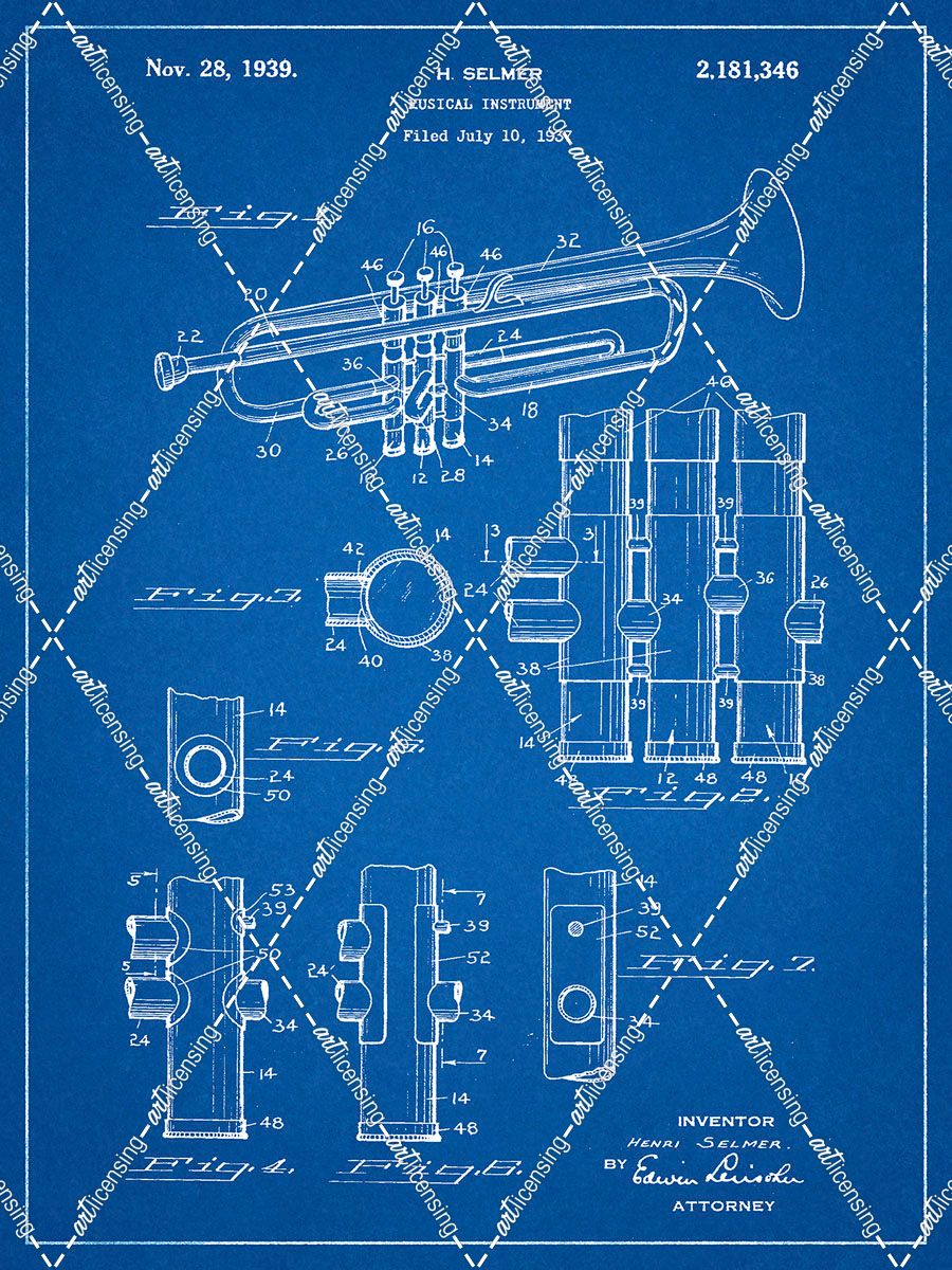 PP141- Blueprint Selmer 1939 Trumpet Patent Poster