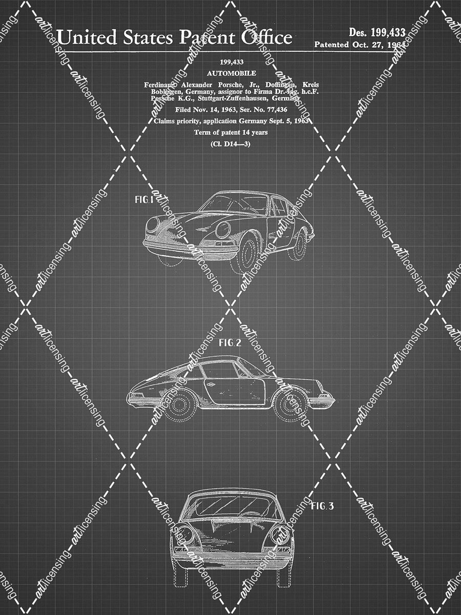 PP144- Black Grid 1964 Porsche 911  Patent Poster