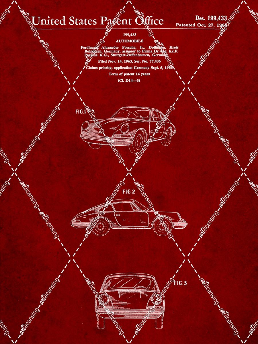 PP144- Burgundy 1964 Porsche 911  Patent Poster