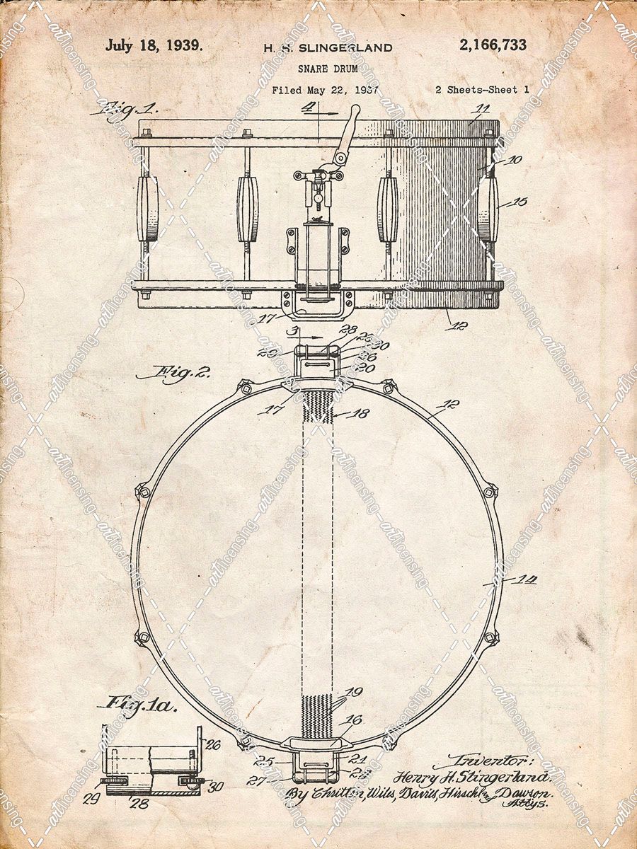 PP147- Vintage Parchment Slingerland Snare Drum Patent Poster