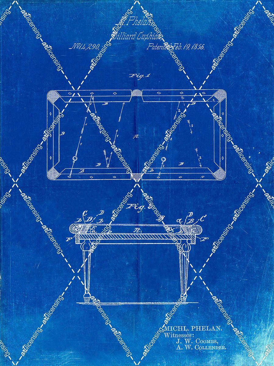 PP149- Faded Blueprint Pool Table Patent Poster