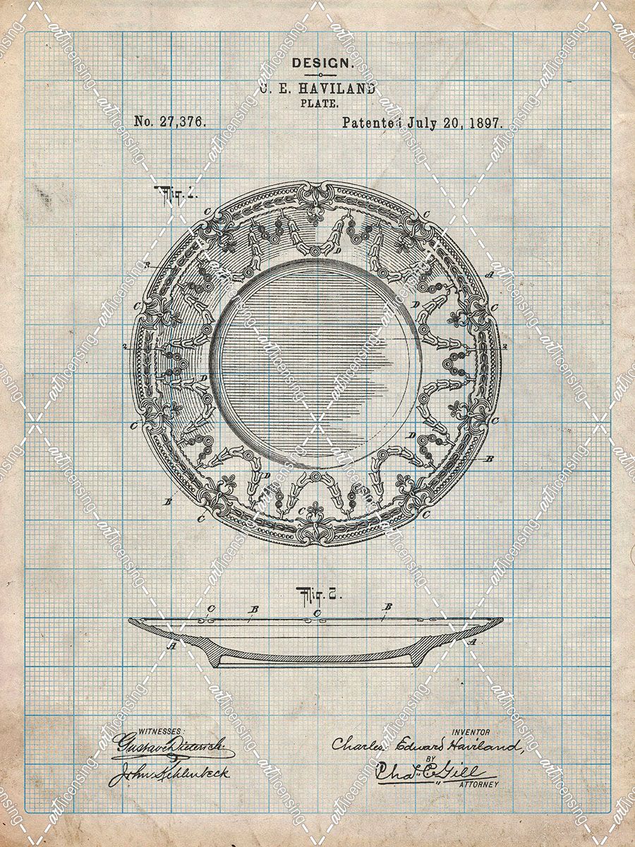 PP150- Antique Grid Parchment Haviland Dinner Plate Patent Poster