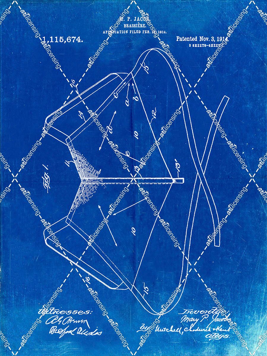 PP604-Faded Blueprint Brassiere (Bra) 1914 Patent Poster