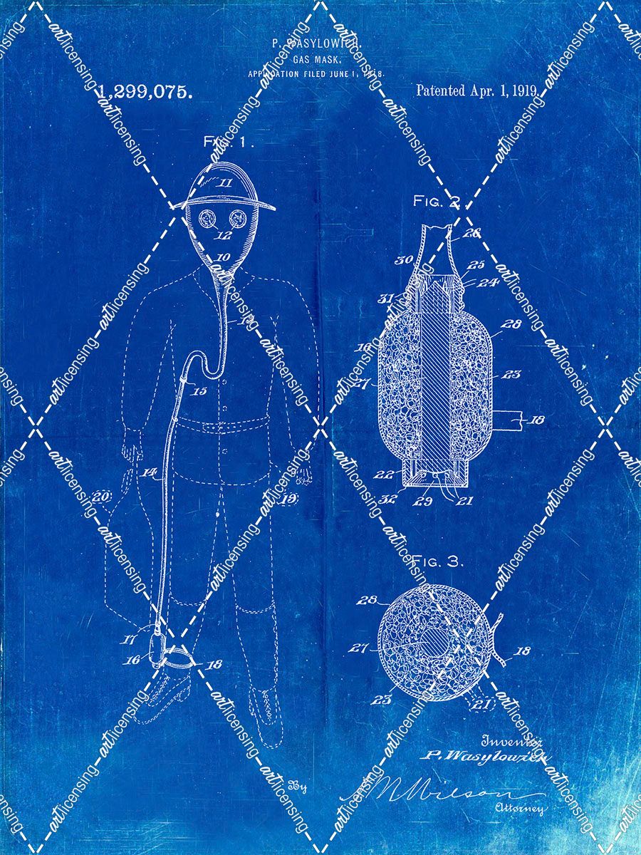 PP607-Faded Blueprint Gas Mask 1918 Patent Poster