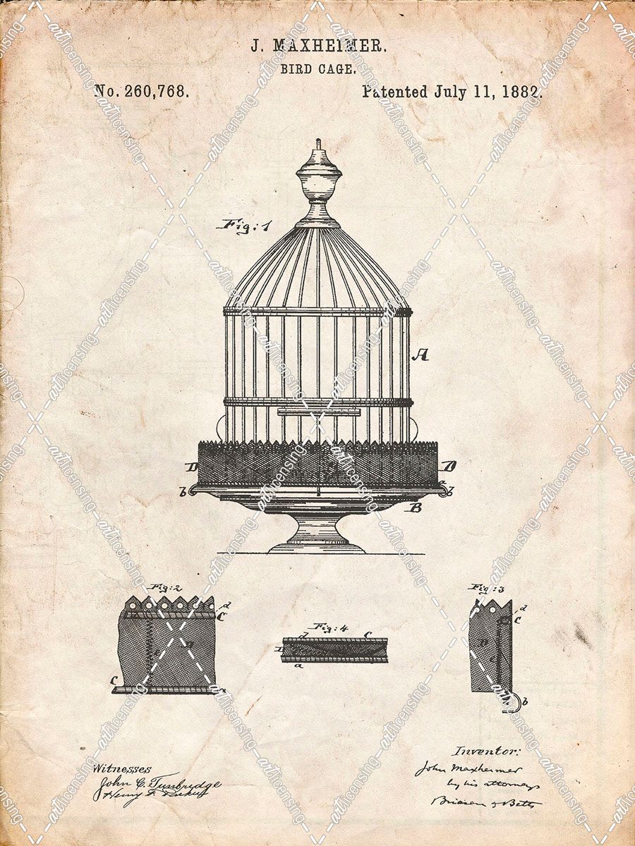 PP683-Vintage Parchment Vintage Birdcage Patent Poster