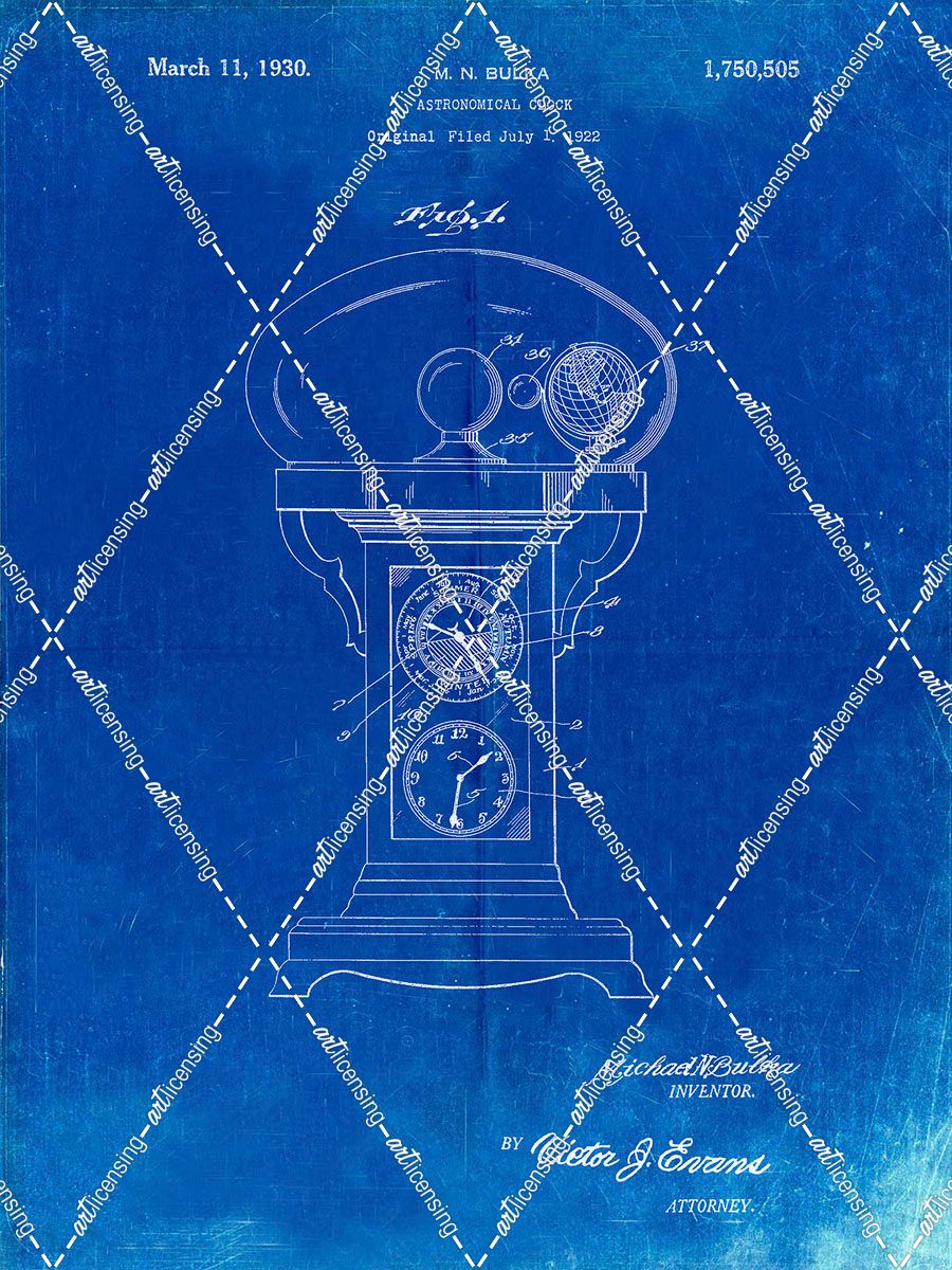 PP713-Faded Blueprint Astronomical Clock Patent Poster