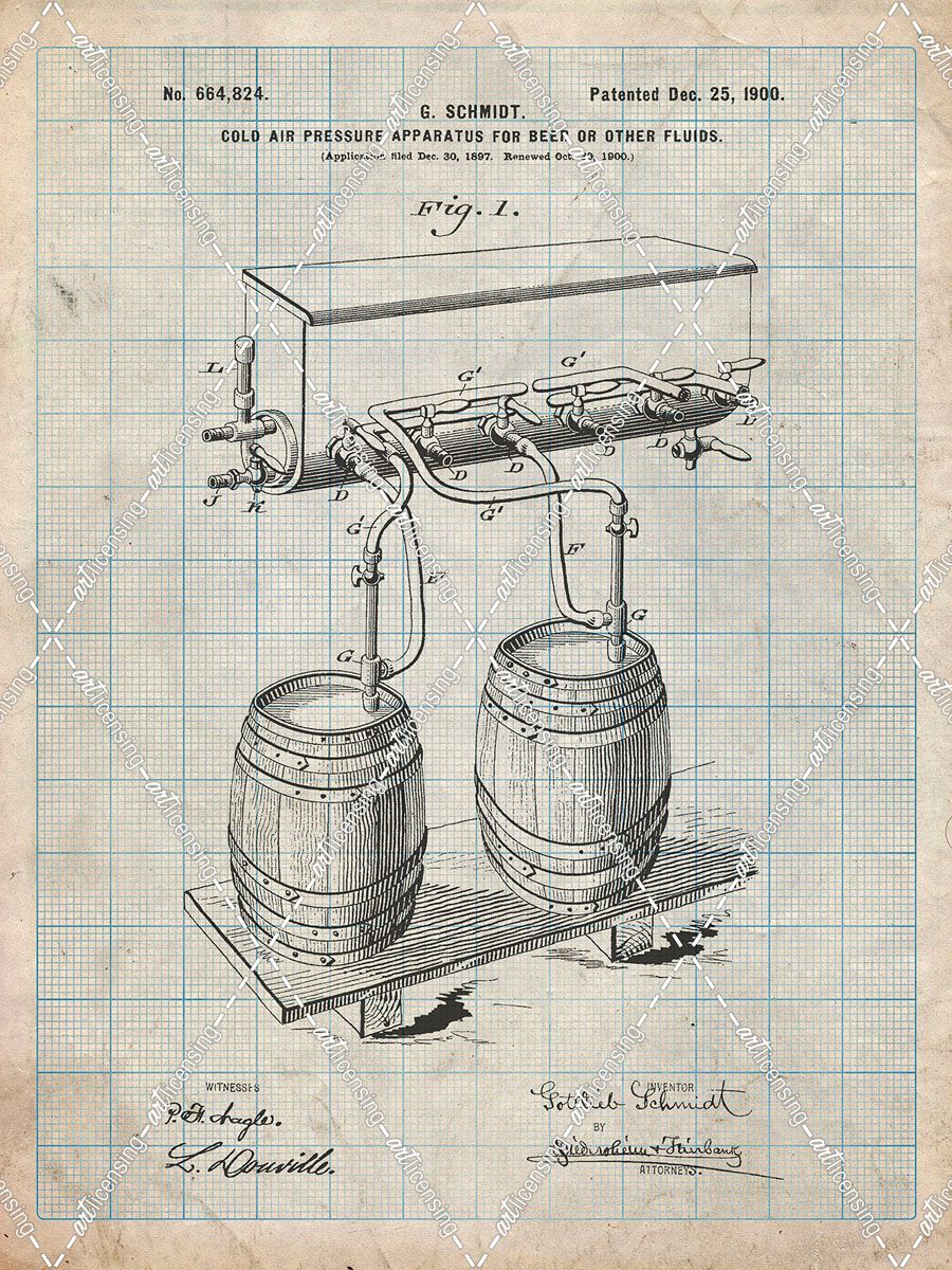 PP729-Antique Grid Parchment Beer Keg Cold Air Pressure Tap Poster
