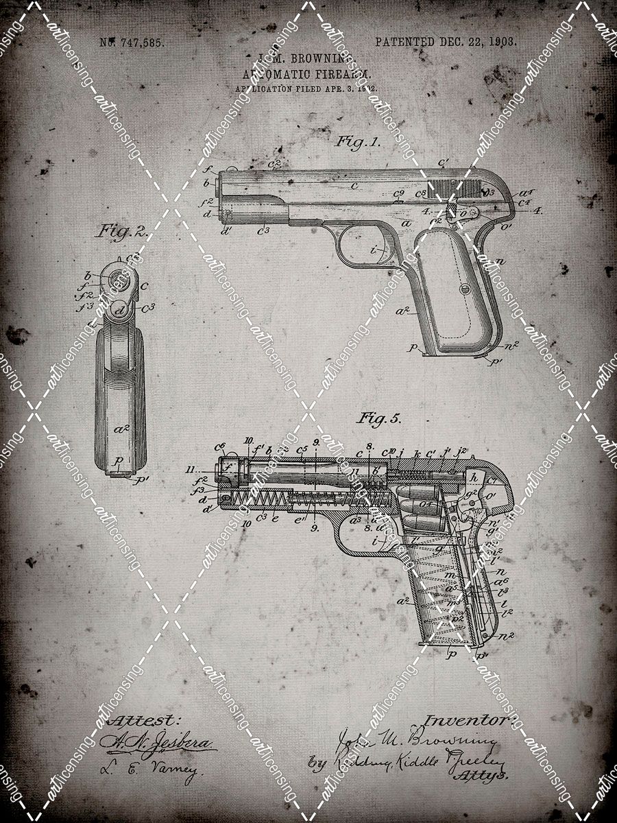 PP755-Faded Grey Browning No. 2 Handgun Patent Poster