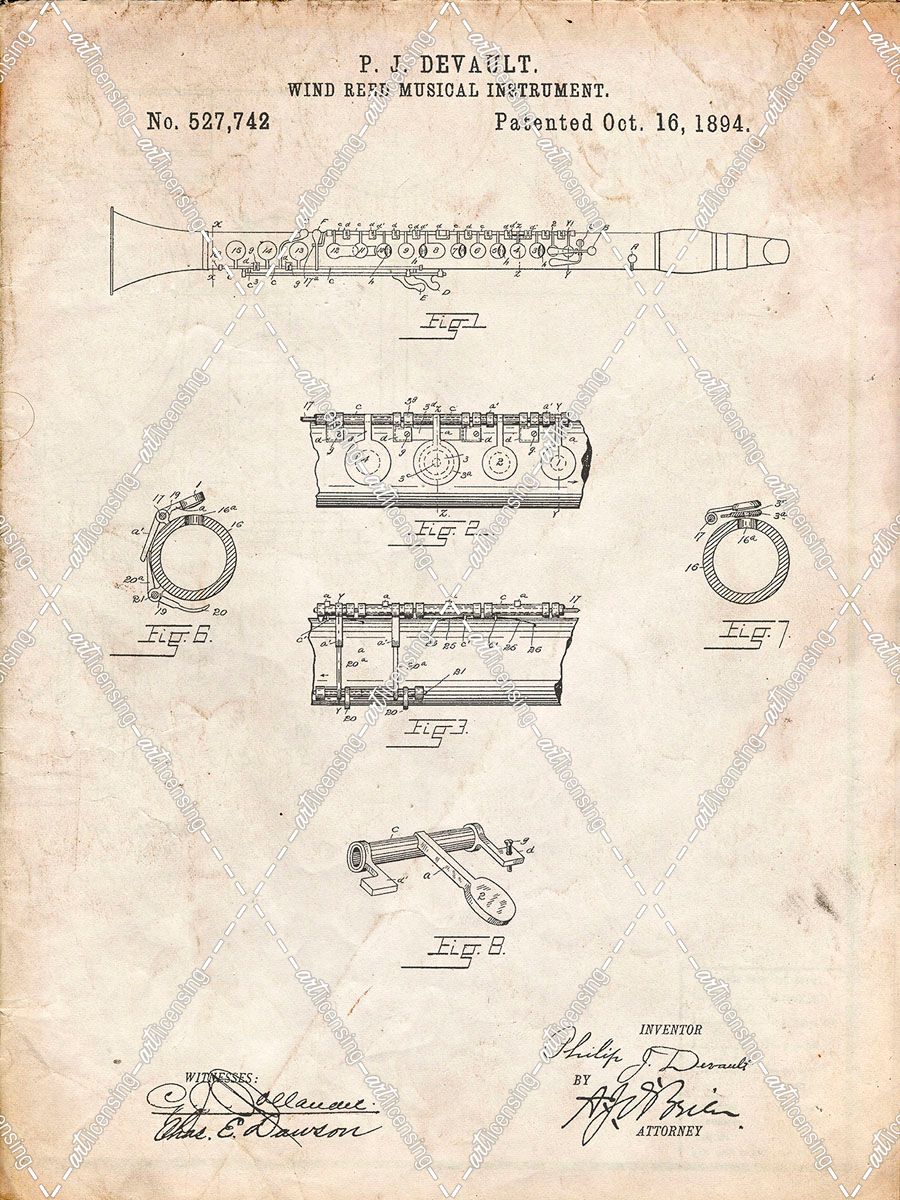 PP768-Vintage Parchment Clarinet 1894 Patent Poster