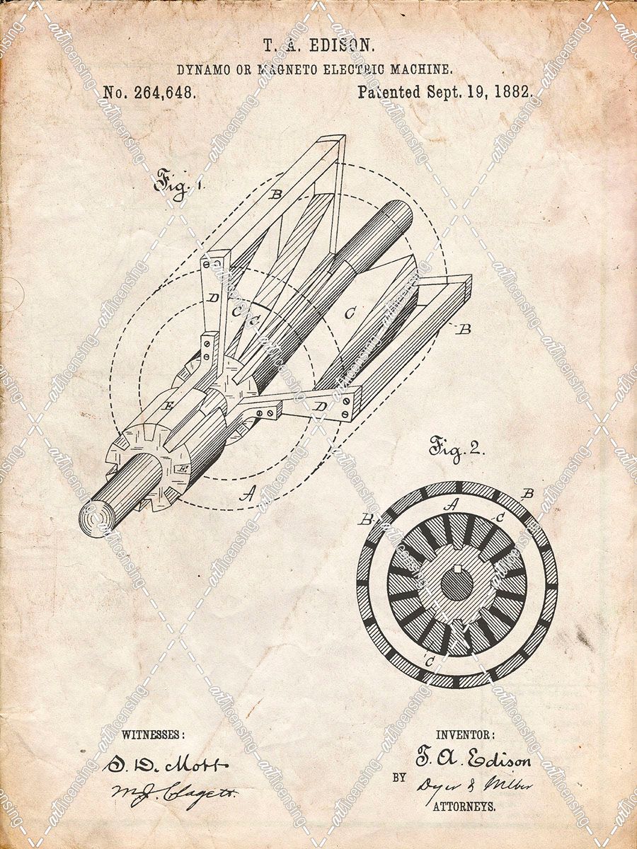 Pp Vintage Parchment Edison Dynamo Electrical Generator Patent Print Art Licensing