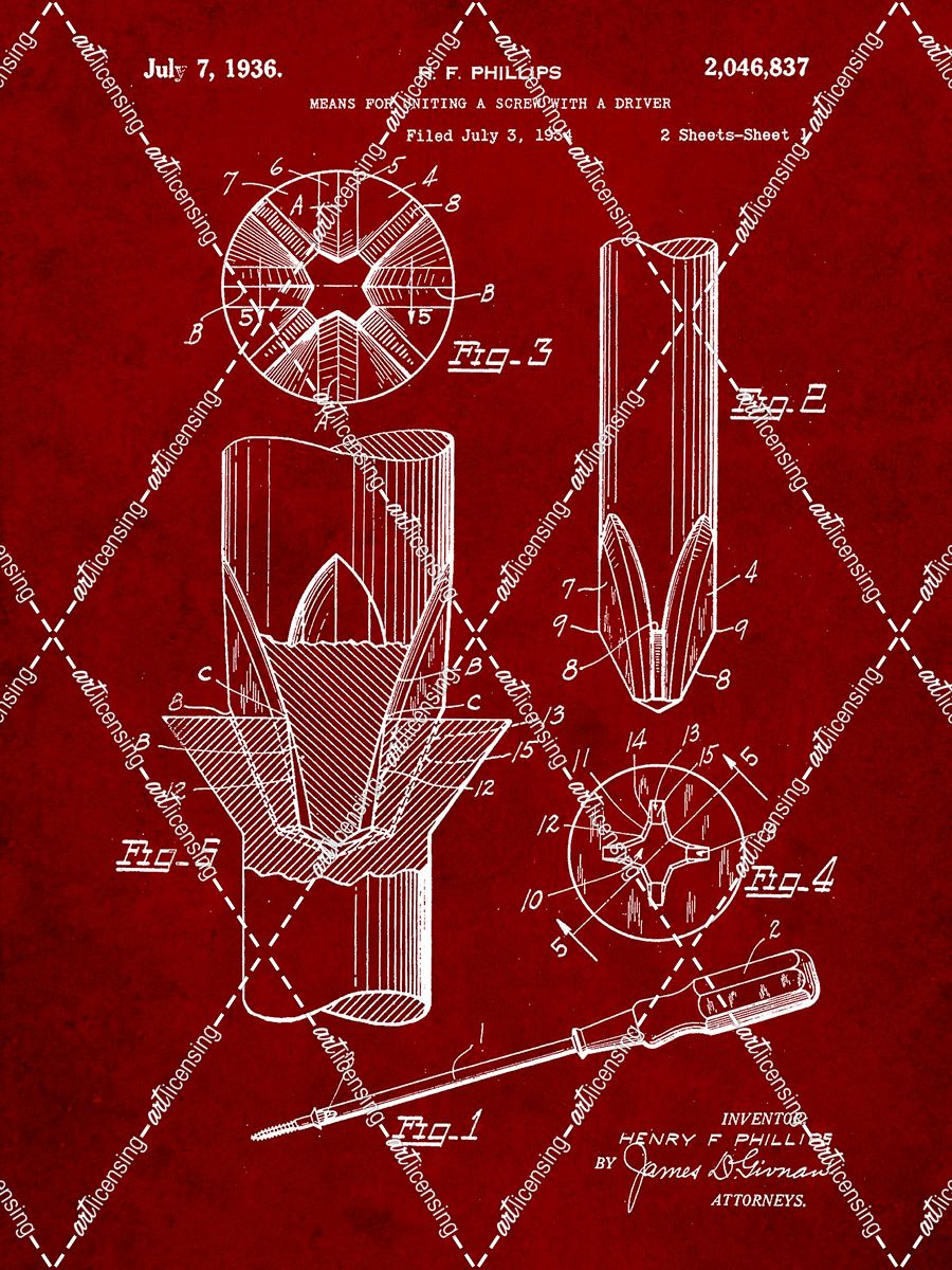 PP153- Burgundy Phillips Head Screw Driver Patent Poster