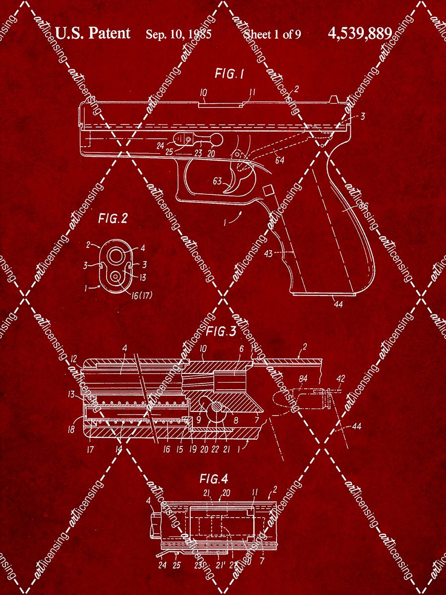 PP154- Burgundy Handgun Pistol Patent Poster