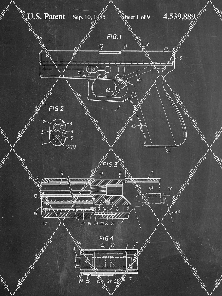 PP154- Chalkboard Handgun Pistol Patent Poster