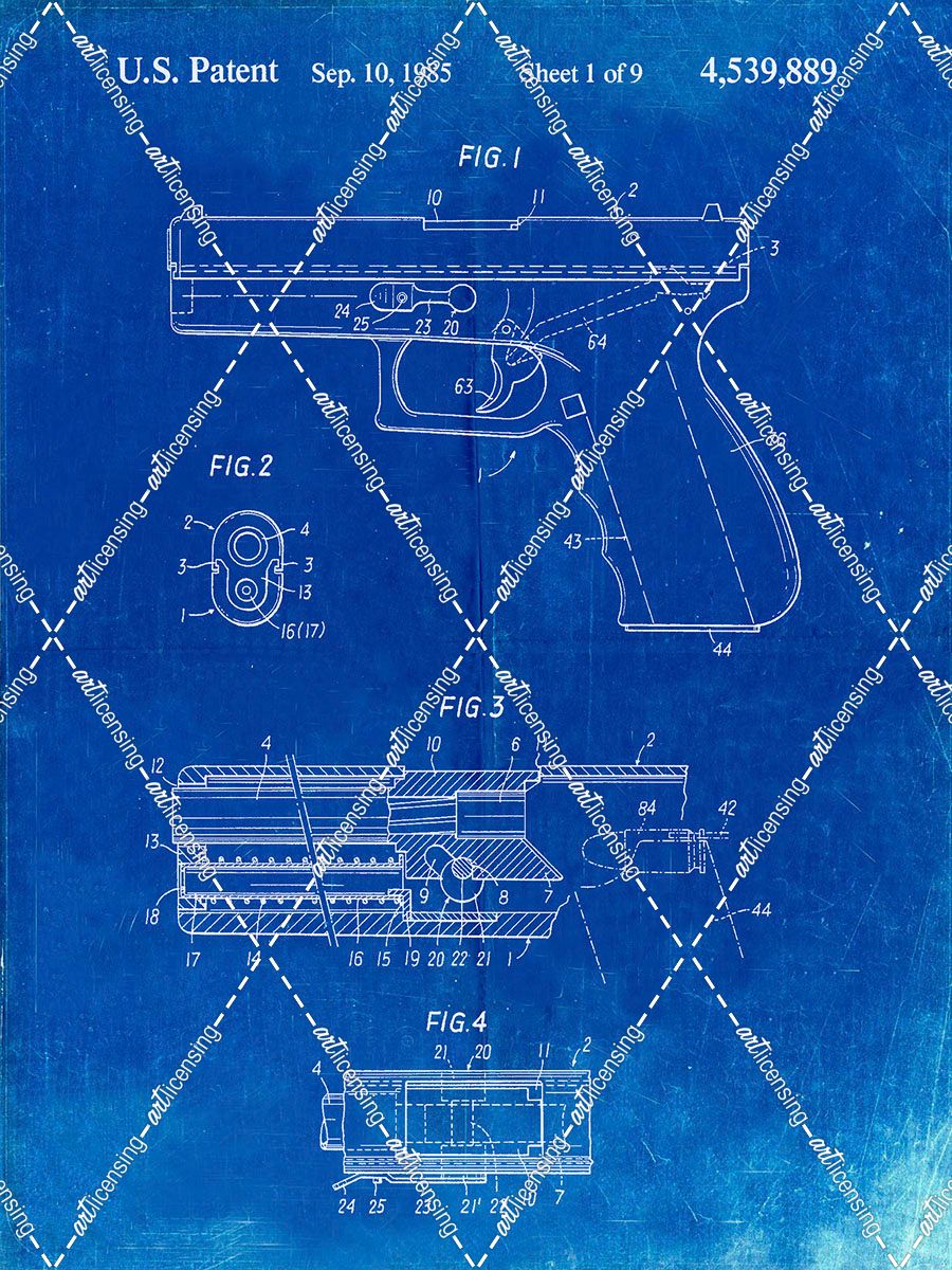 PP154- Faded Blueprint Handgun Pistol Patent Poster