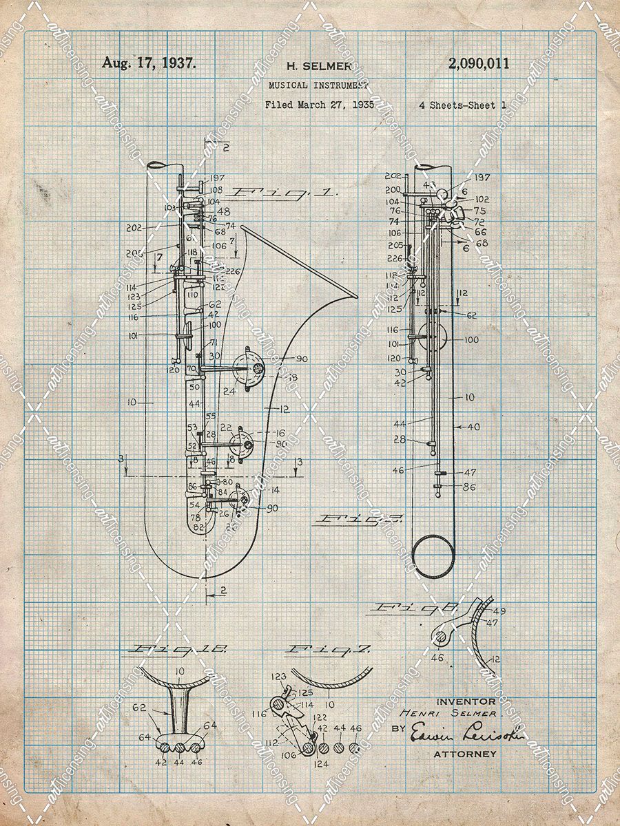 PP156- Antique Grid Parchment Selmer 1937 Saxophone Poster