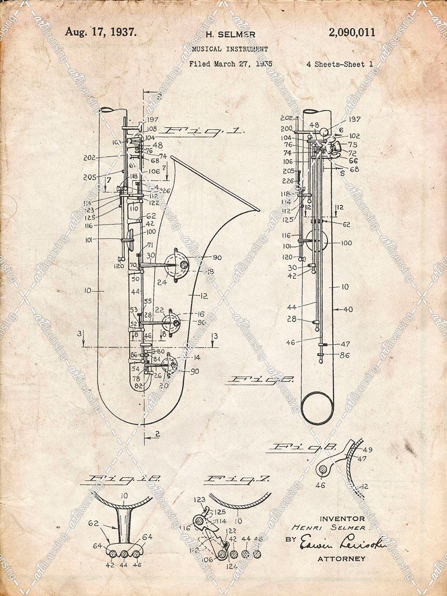 PP156- Vintage Parchment Selmer 1937 Saxophone Poster