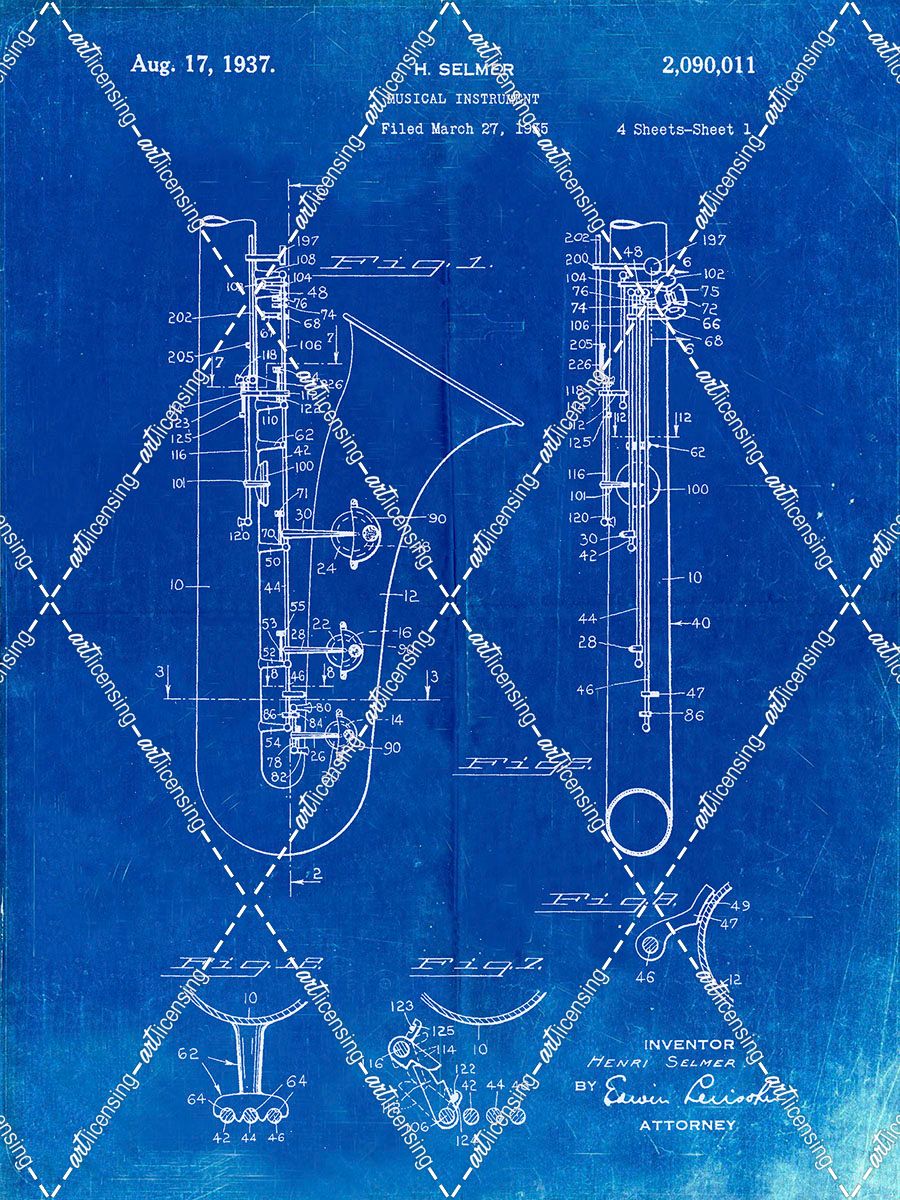 PP156- Faded Blueprint Selmer 1937 Saxophone Poster
