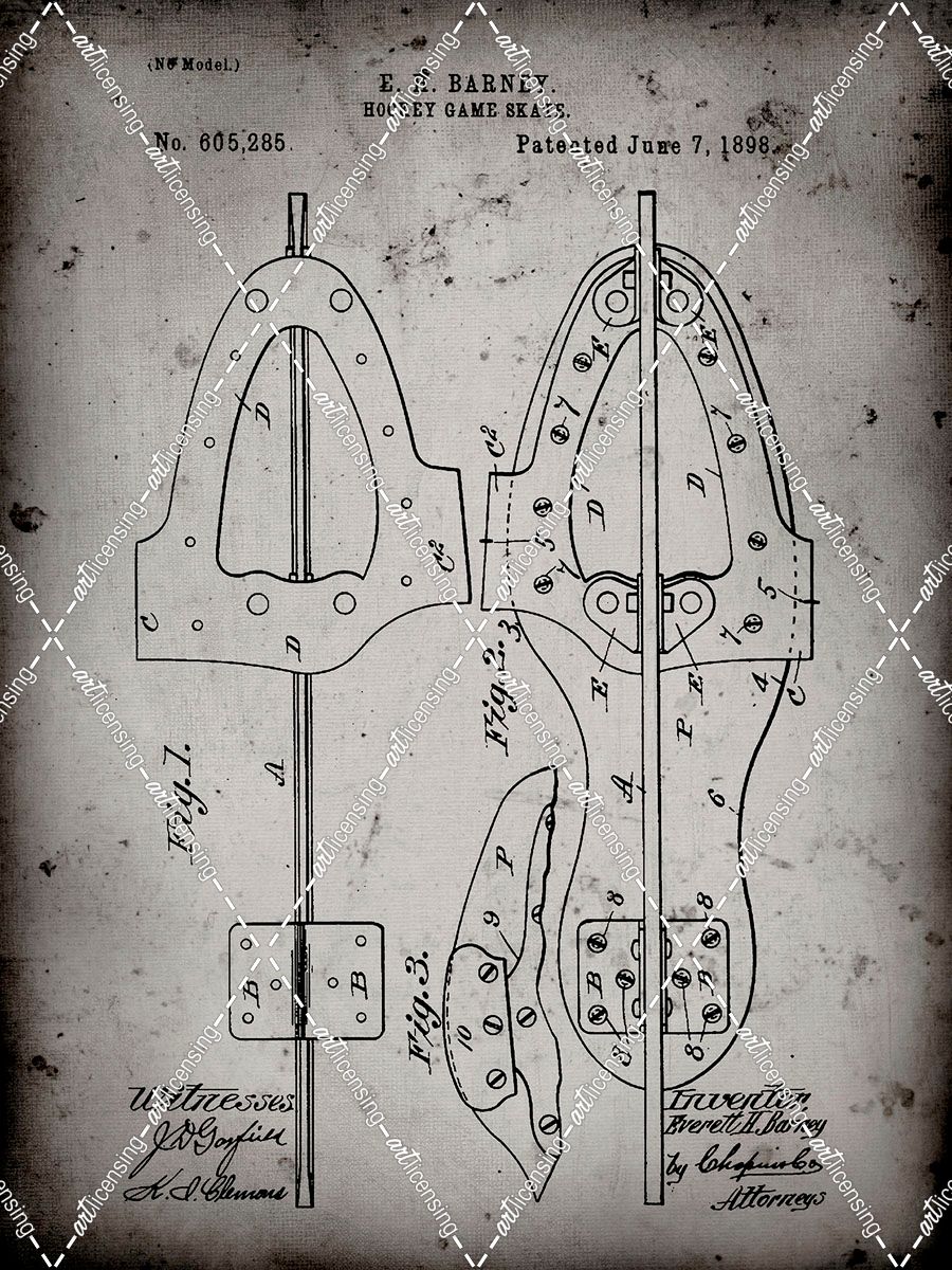 PP158- Faded Grey 1898 Hockey Skate Patent Poster