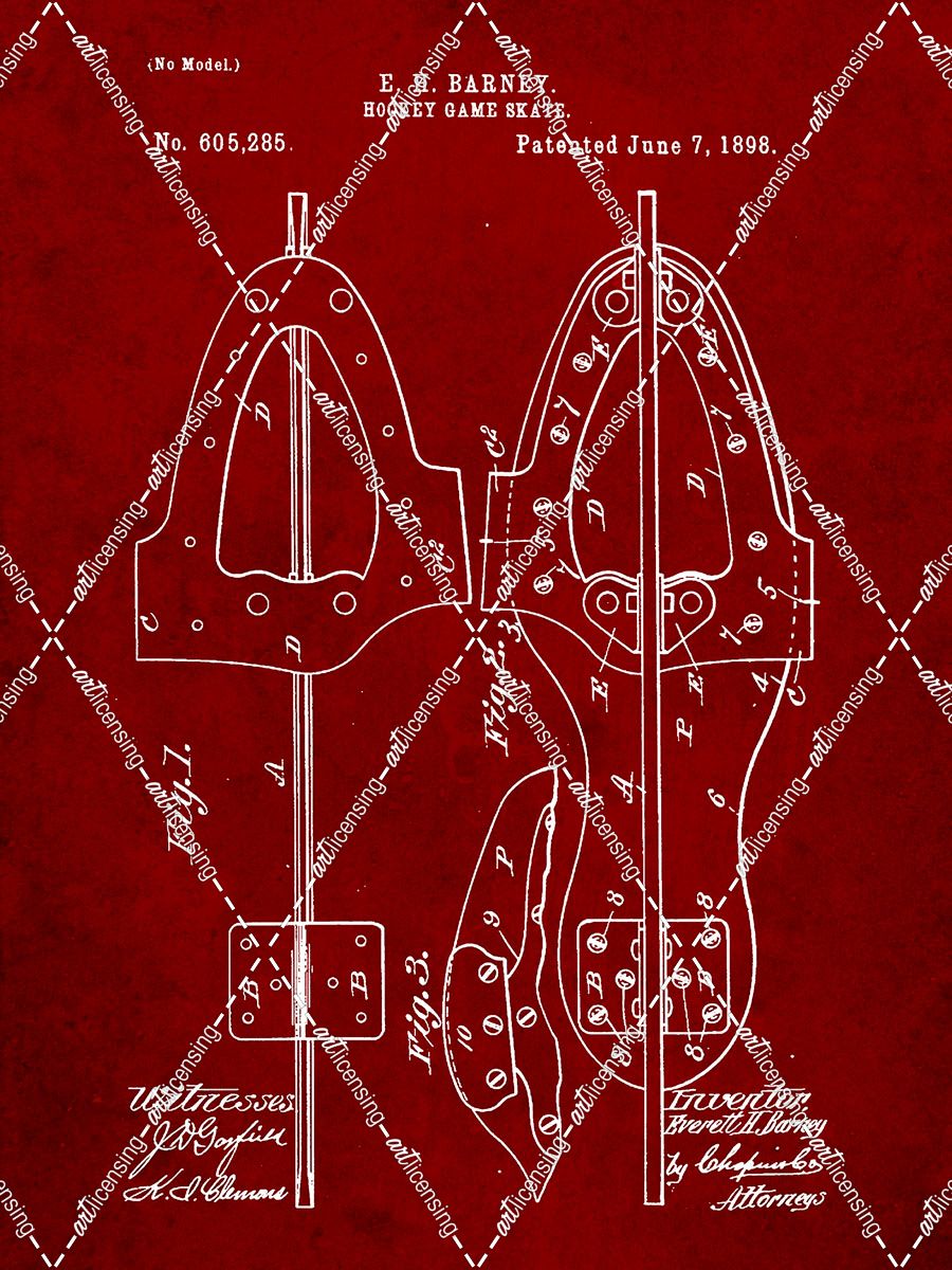 PP158- Burgundy 1898 Hockey Skate Patent Poster
