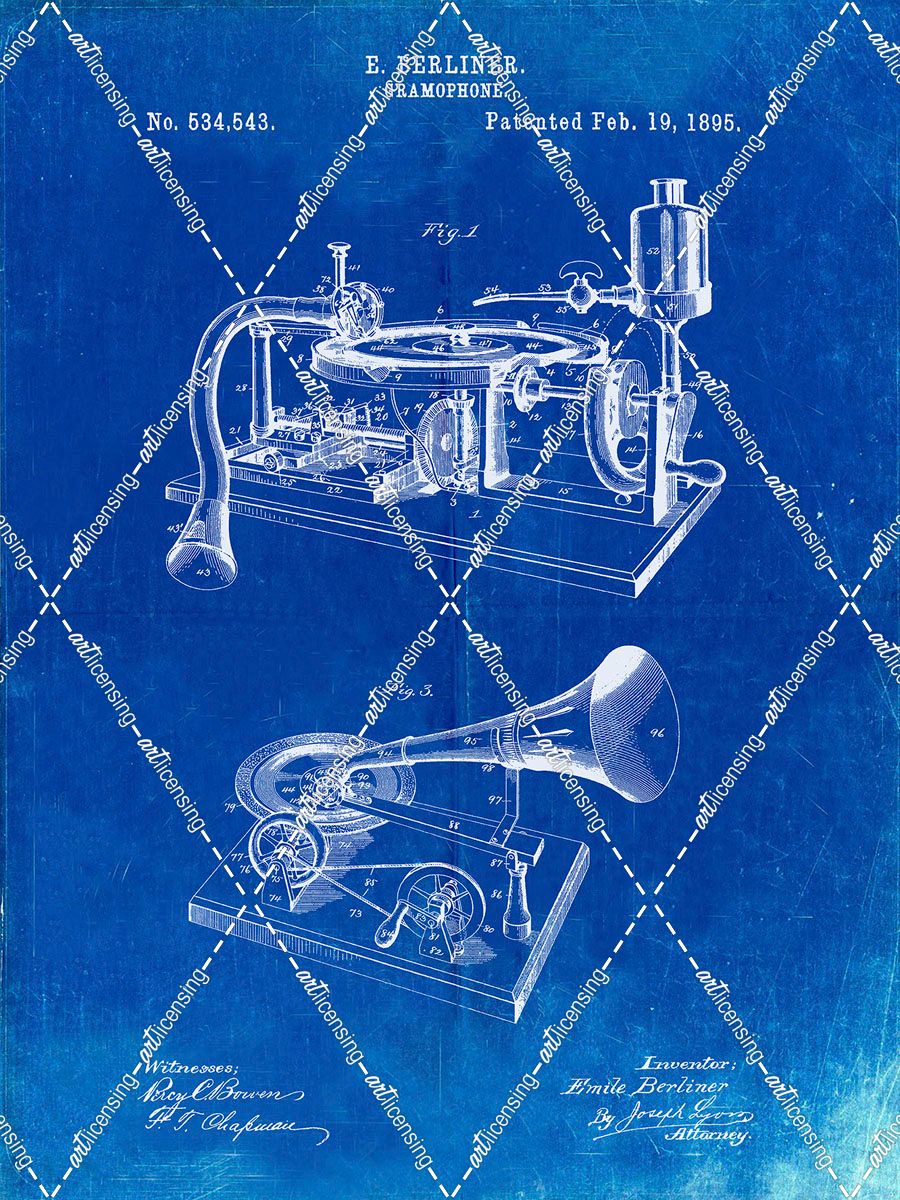 PP160- Faded Blueprint Berliner Gramophone Poster