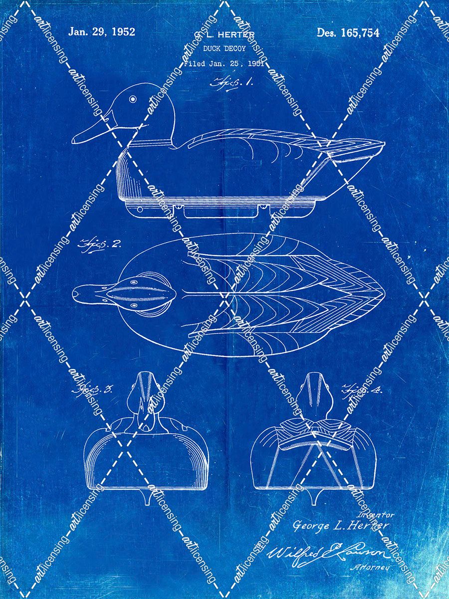 PP161- Faded Blueprint Duck Decoy Patent Poster