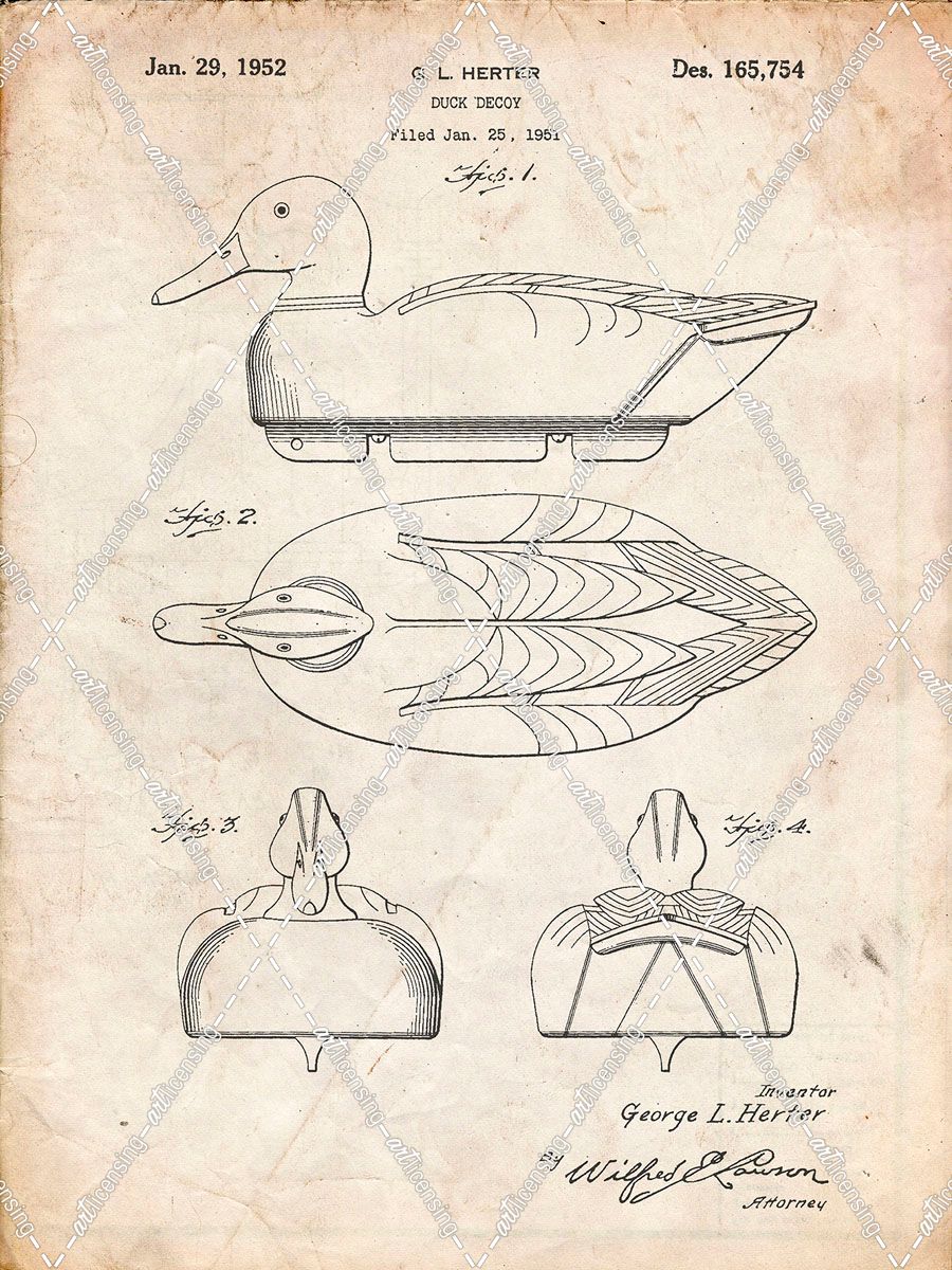 PP161- Vintage Parchment Duck Decoy Patent Poster