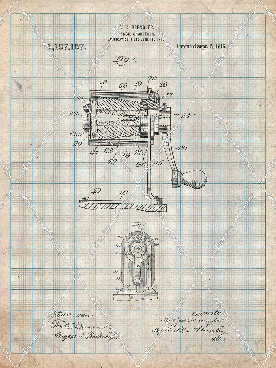 PP162- Antique Grid Parchment Pencil Sharpener Patent Poster