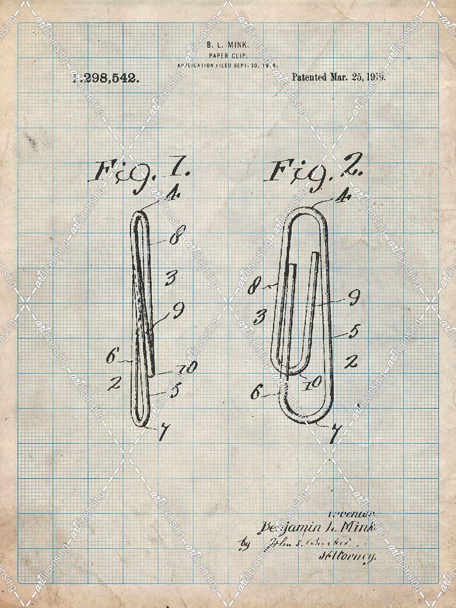 PP165- Antique Grid Parchment Paper Clip Patent Poster