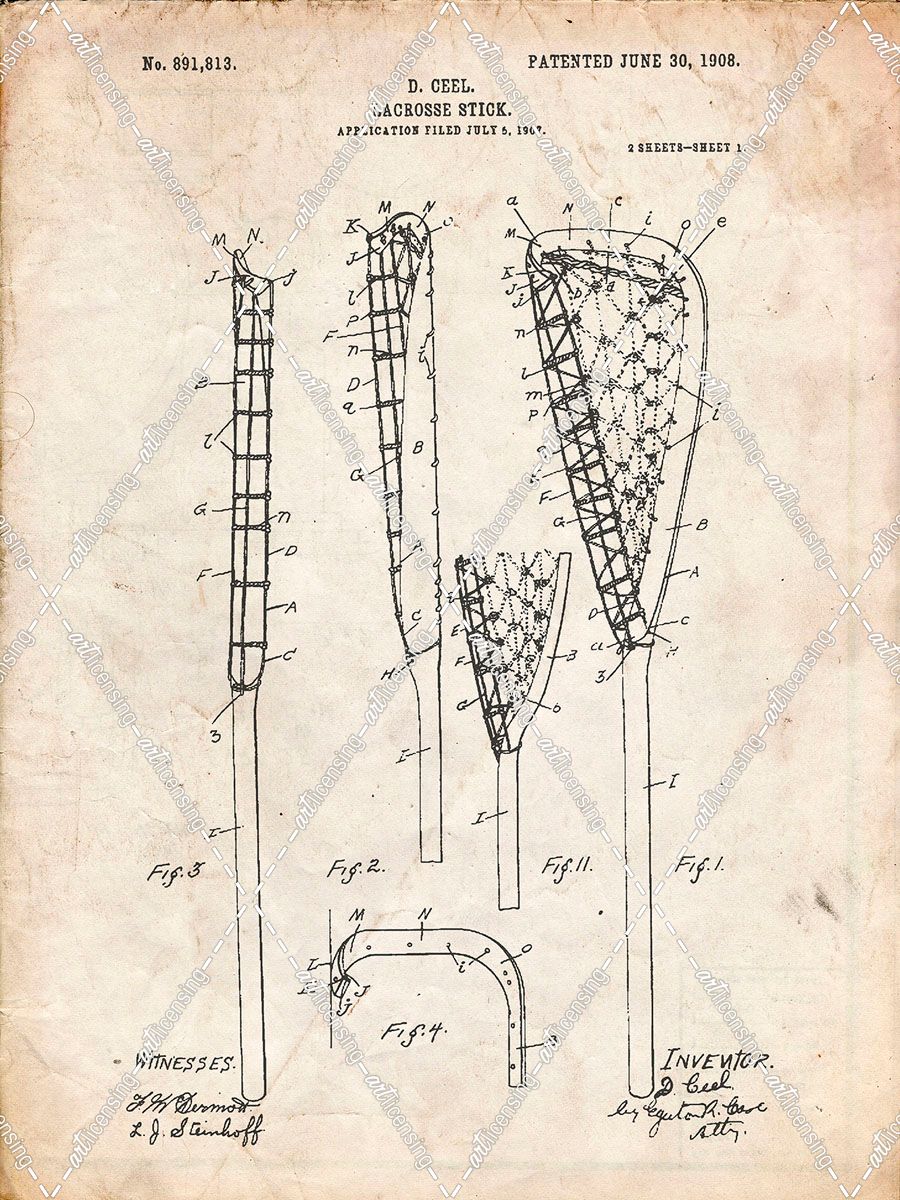PP166- Vintage Parchment Lacrosse Stick Patent Poster