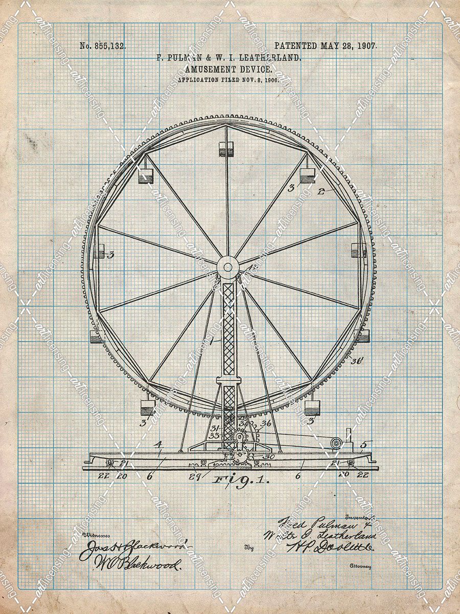 PP167- Antique Grid Parchment Ferris Wheel Poster