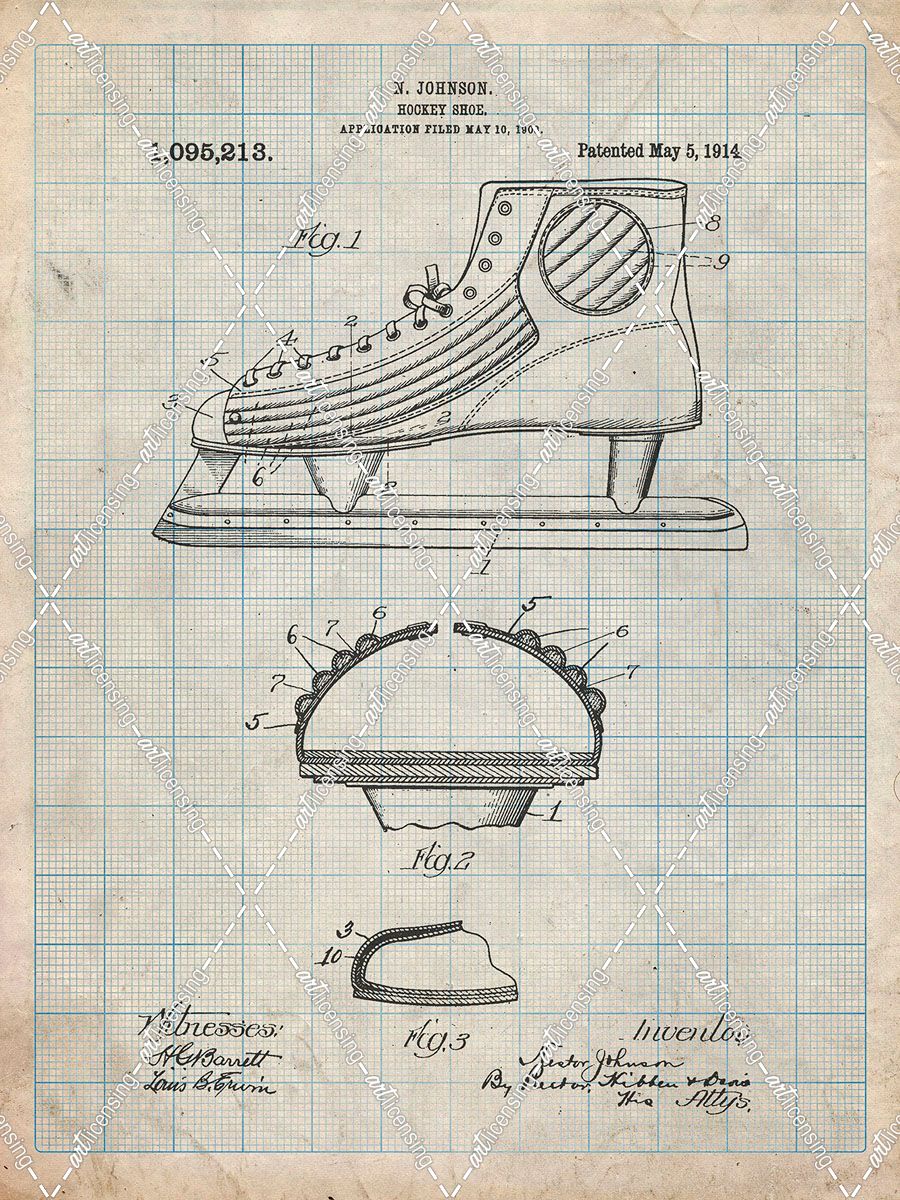 PP169- Antique Grid Parchment Hockey Skate Patent Poster